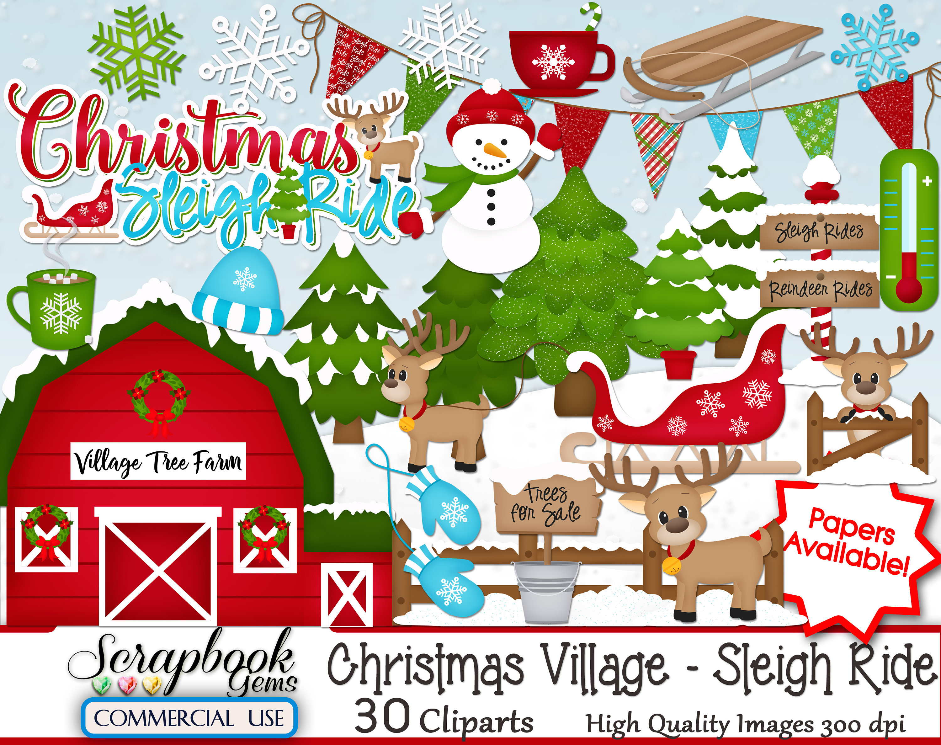 CHRISTMAS SLEIGH RIDE Clipart, 30 png Clipart files, Instant Download,  winter, snowman, village, reindeer, pine tree, snowman, mittens, snow.