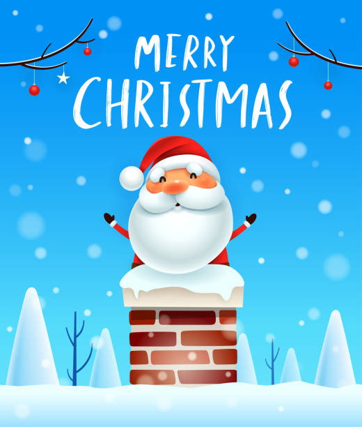 Merry Christmas! Santa Claus In The Chimney. Snow Scene. Winte.