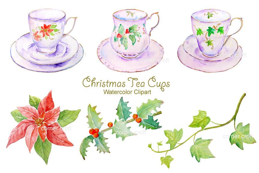 Watercolor clipart, white christmas tea cup instant download.