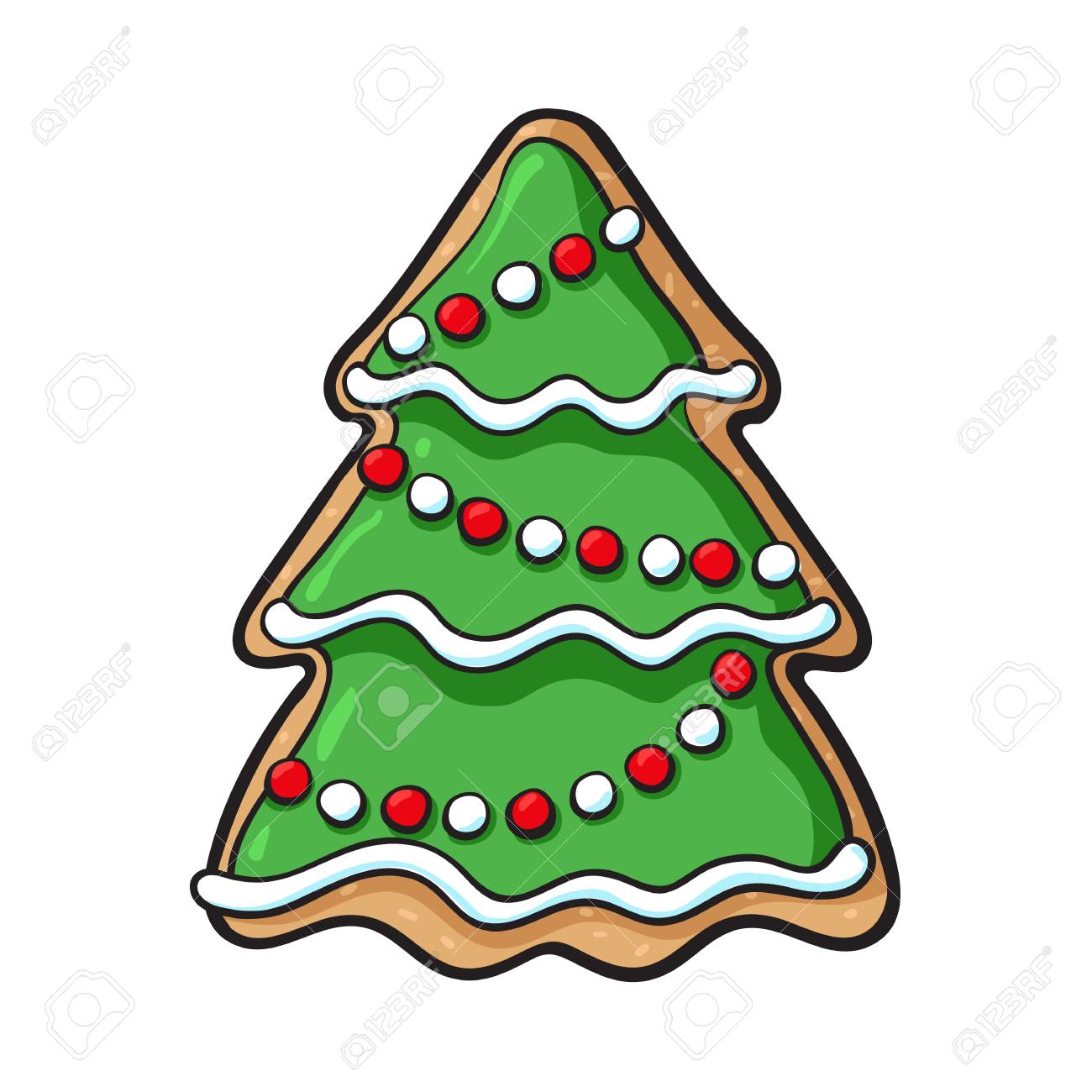 Glazed homemade Christmas tree gingerbread cookie, sketch style...