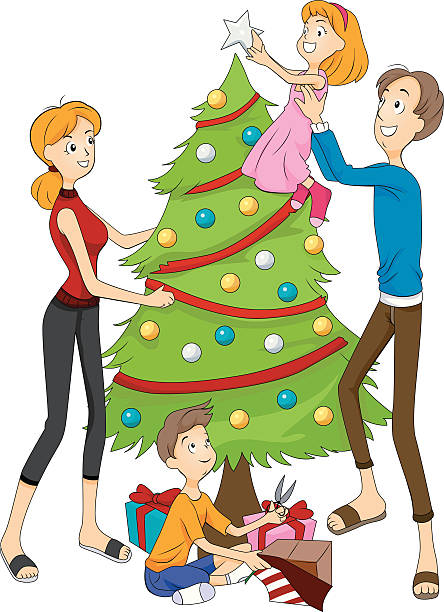 Family Decorating Christmas Tree Clipart.