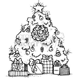 black and white Christmas tree with gifts clipart. Royalty.