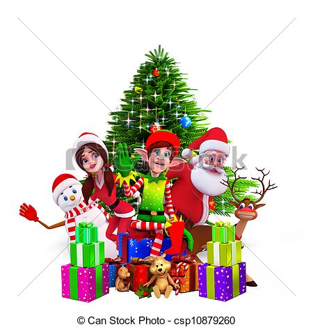 santa with christmas tree and gifts.