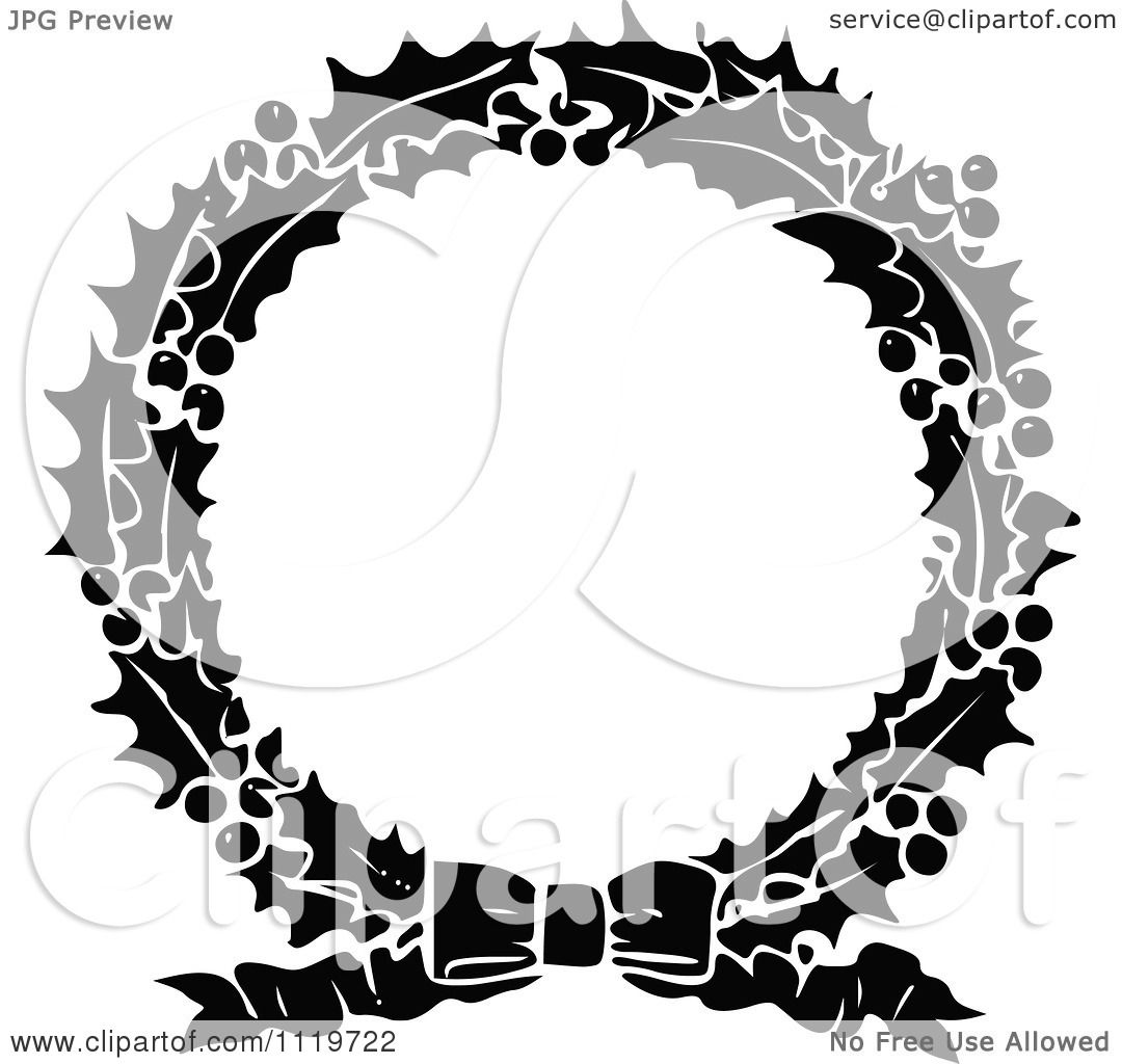Clipart Of A Retro Vintage Black And White Holly Christmas Wreath.