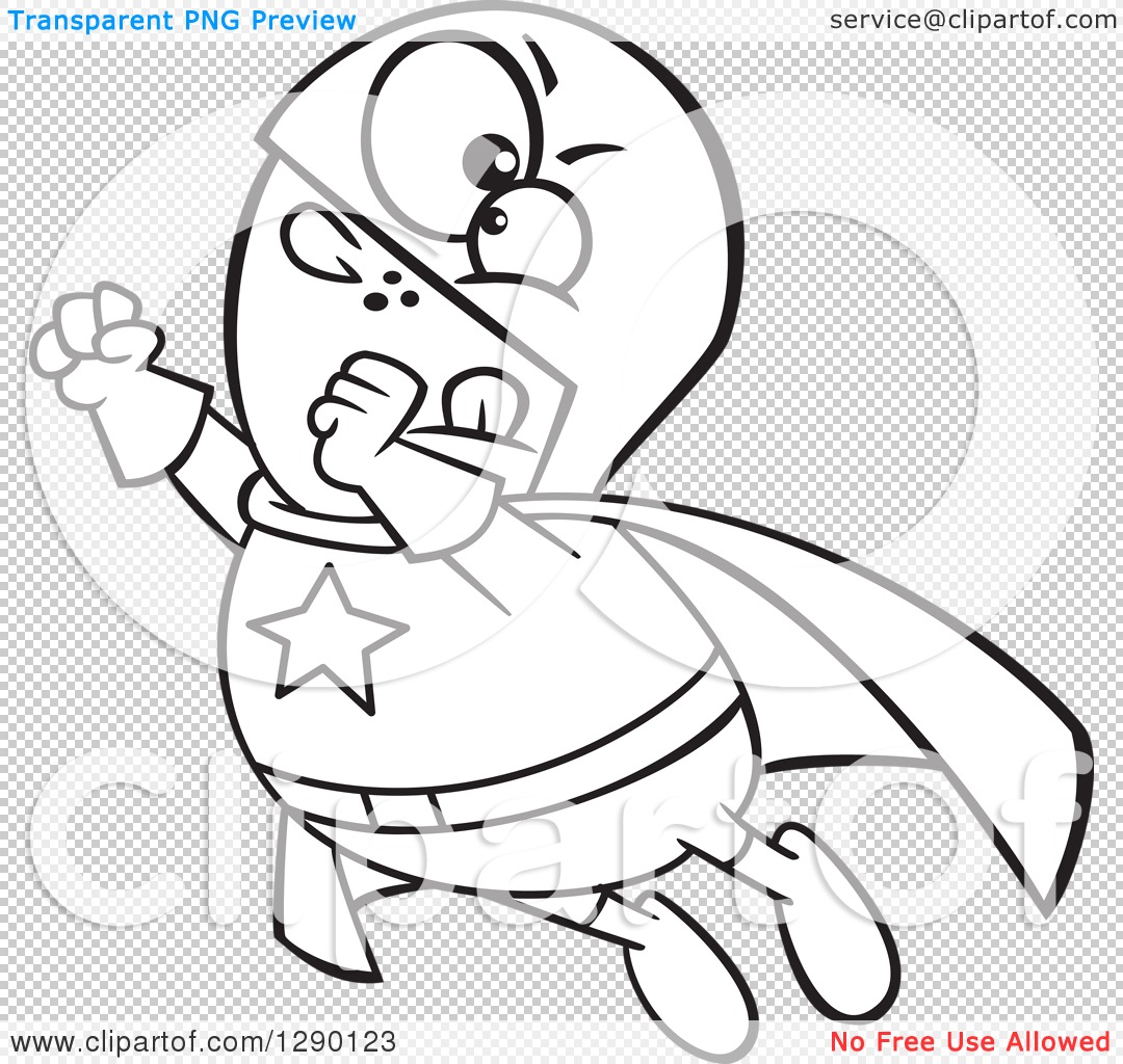 Cartoon Clipart of a Black and White Chunky Male Super Hero Flying.