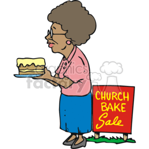 An Older Woman Taking a Layered Cake to a Church Bake Sale clipart.  Royalty.
