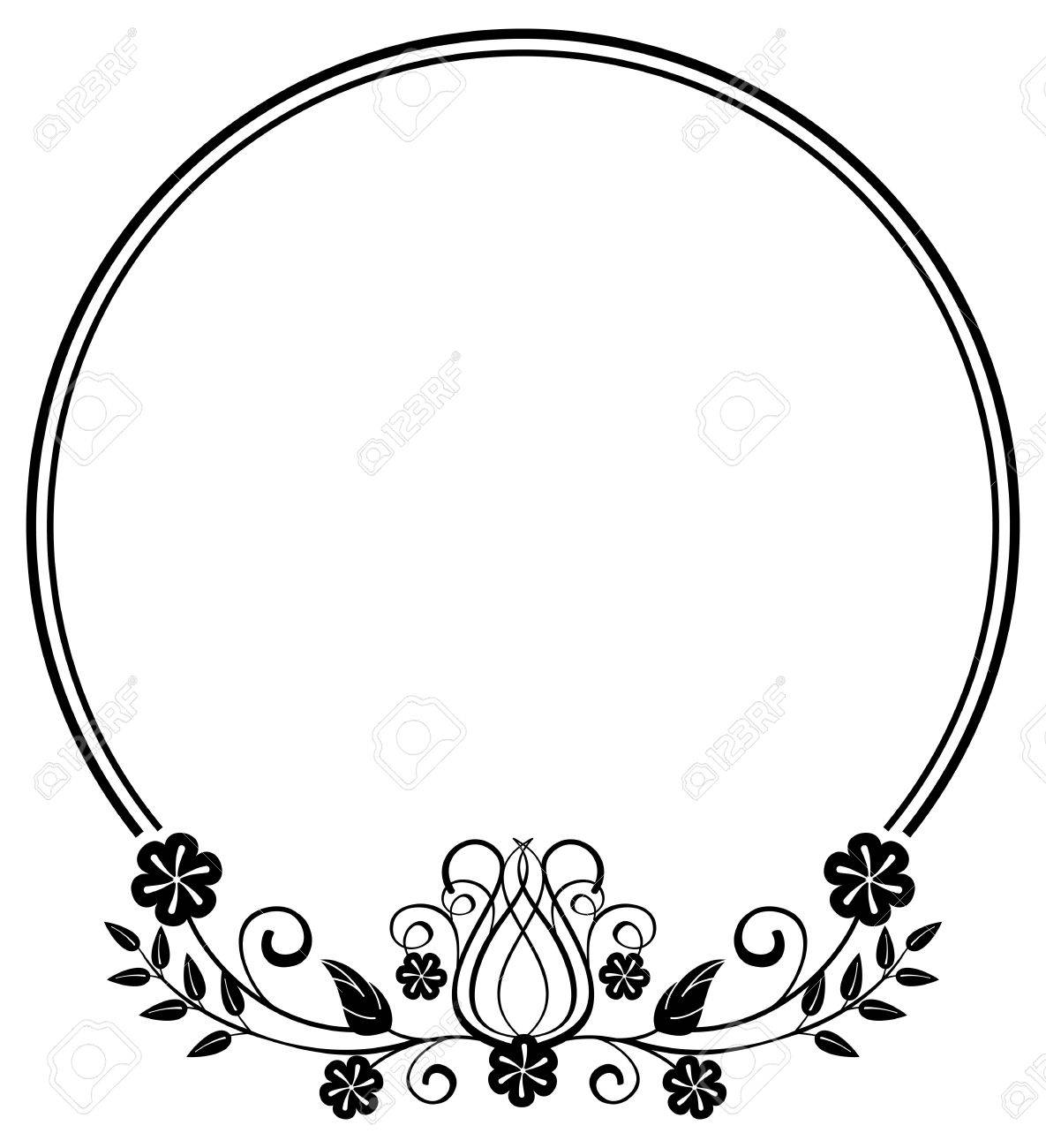 Black and white round frame with floral silhouettes. Copy space.