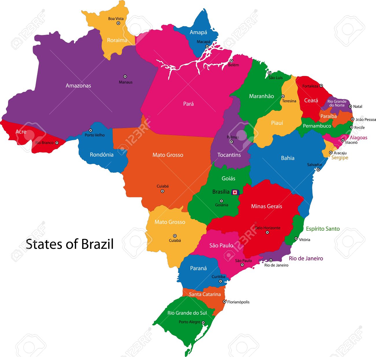 Colorful Brazil Map With States And Capital Cities Royalty Free.
