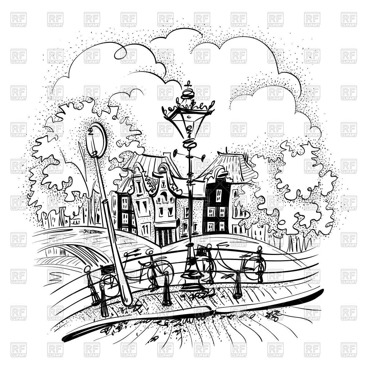 Black and white hand drawing city view of Amsterdam Stock Vector Image.