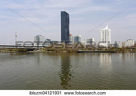 Stock Photography of Donauturm or Danube Tower and Kaisermuhlen.