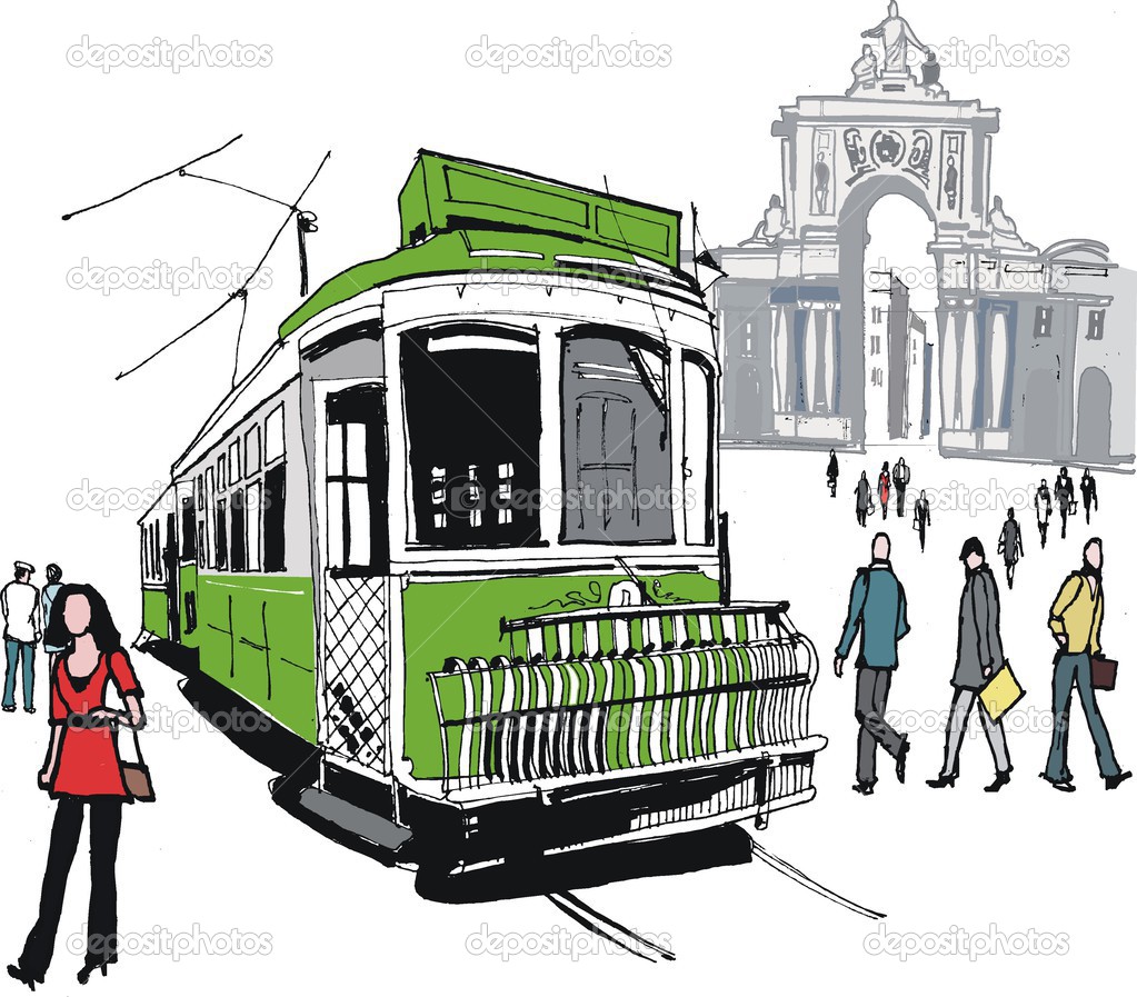Vector illustration of Lisbon city square with old archway.