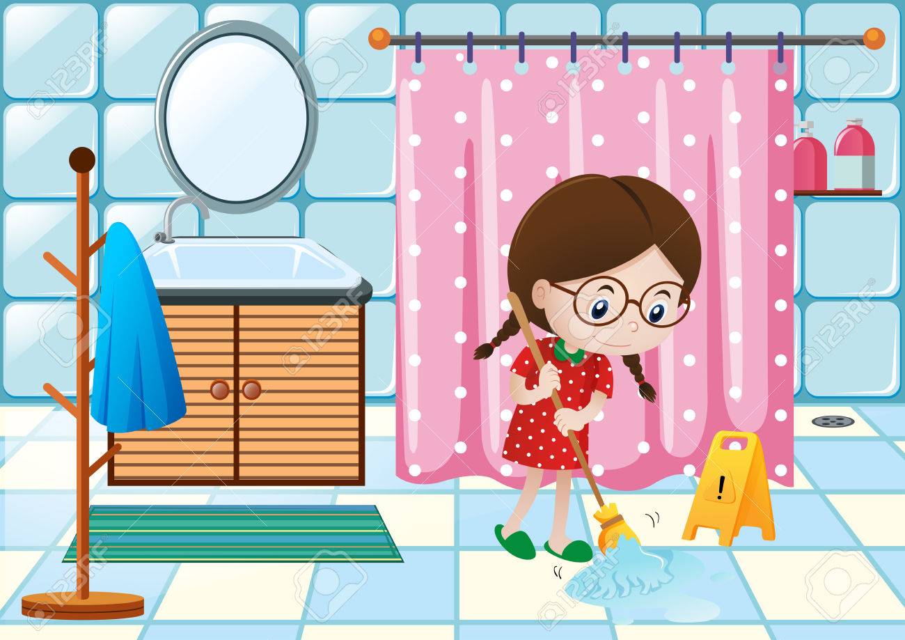 Girl cleaning bathroom floor illustration.