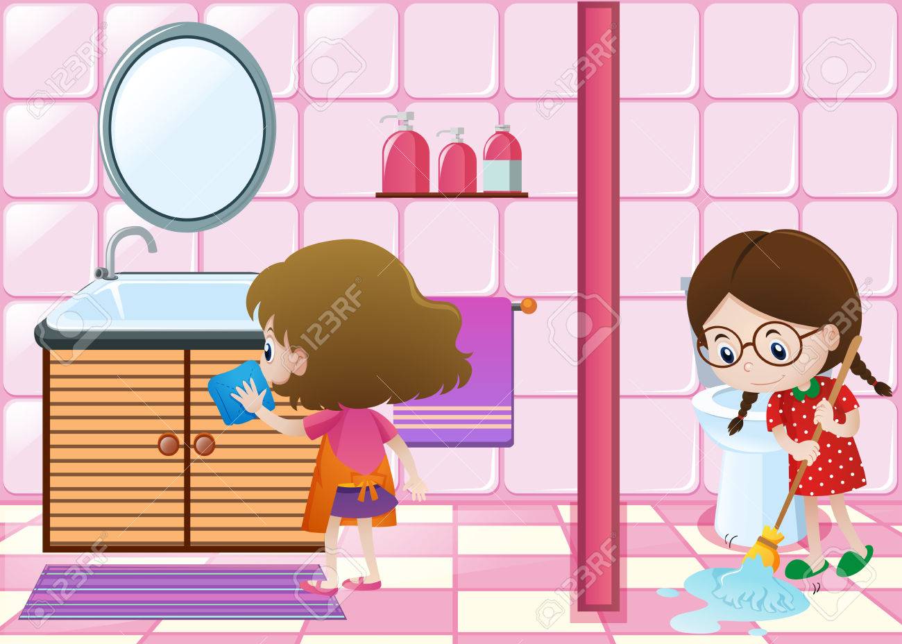 Two kids cleaning bathroom together illustration.