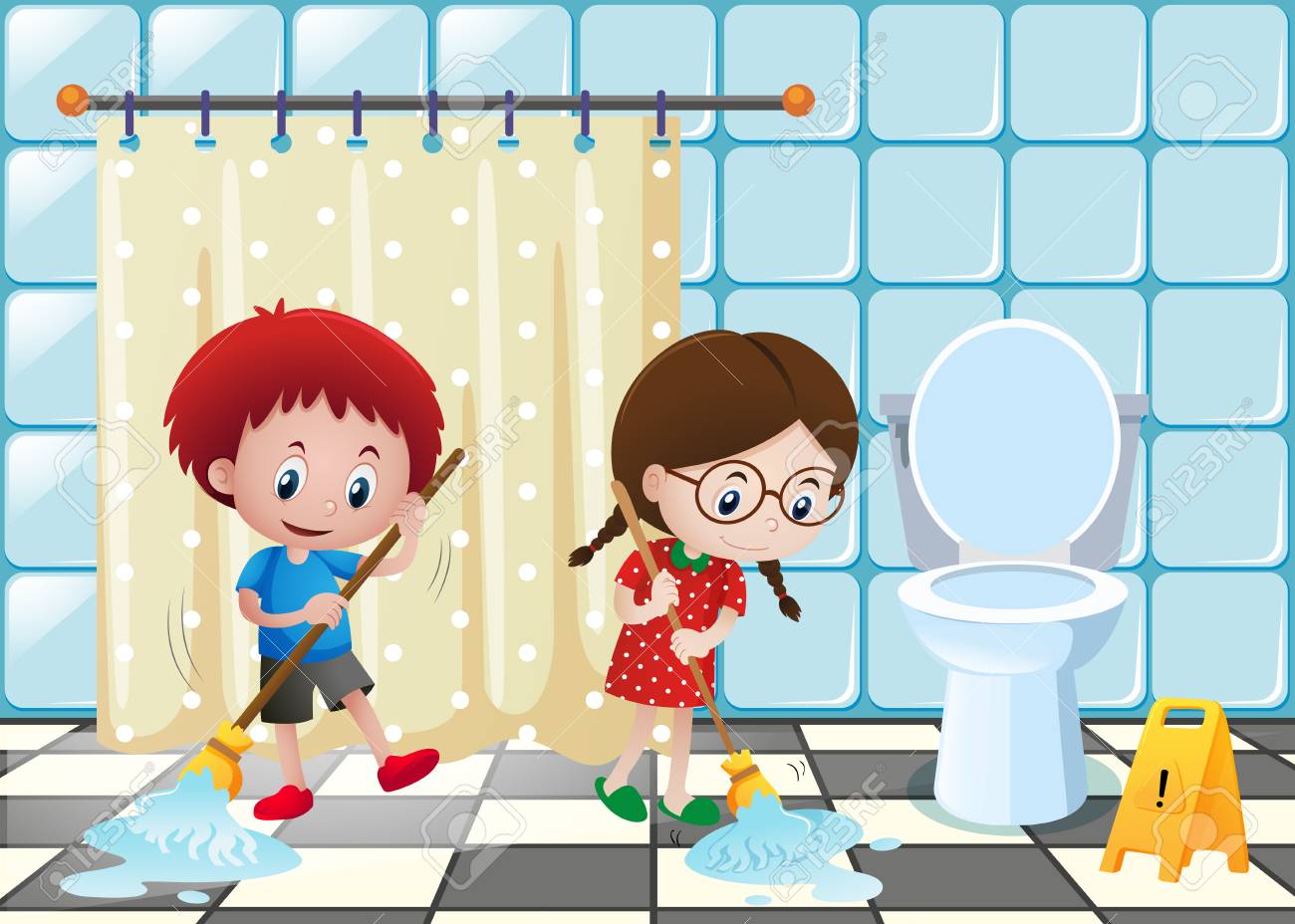 Boy and girl cleaning the bathroom illustration.