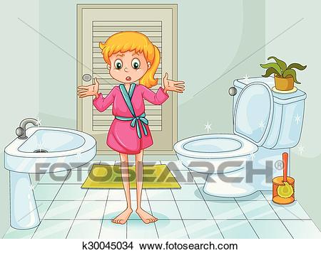 Girl standing in clean bathroom Clipart.