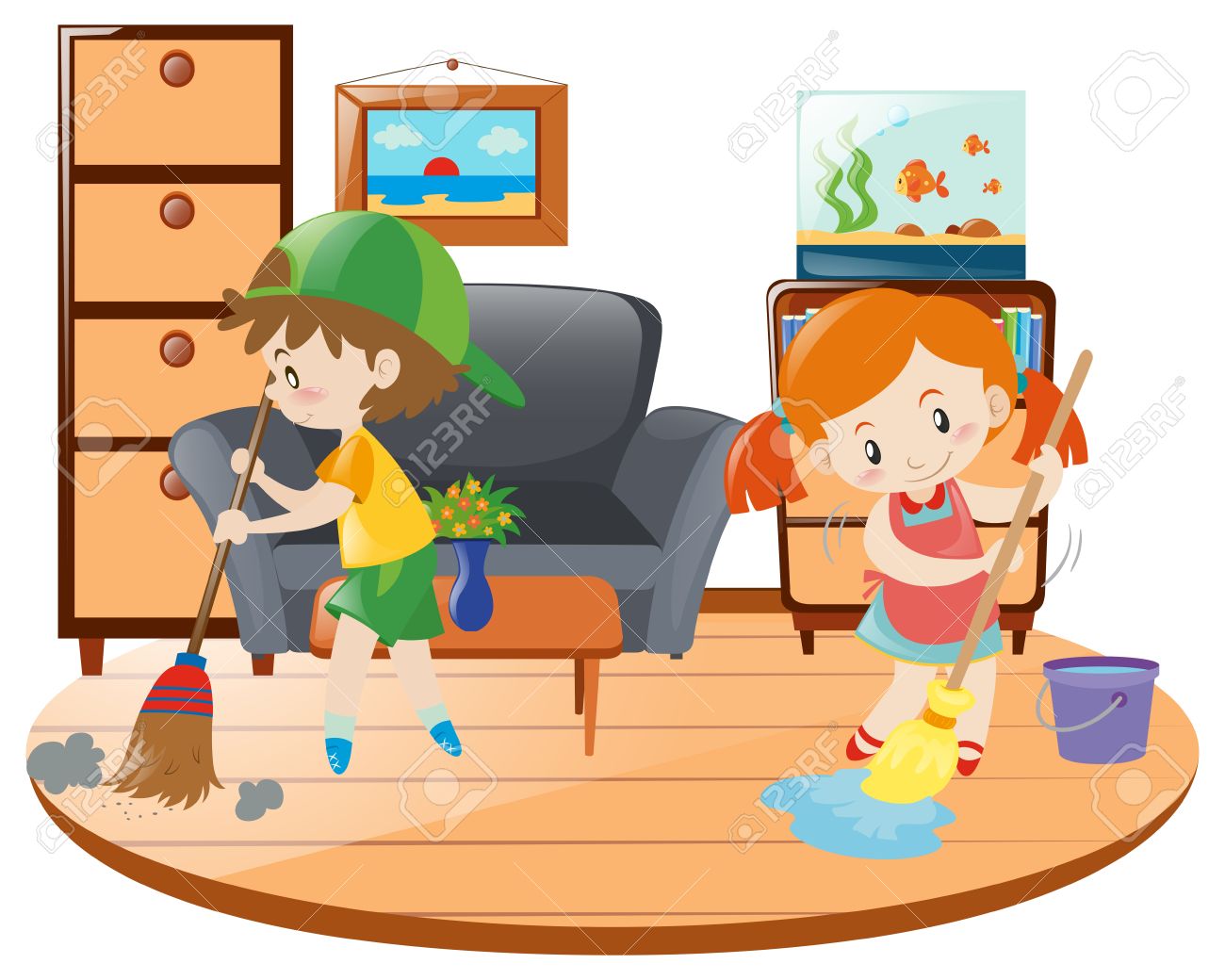 kid in living room clipart