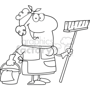 black and white outline of a cartoon cleaning lady clipart. Royalty.