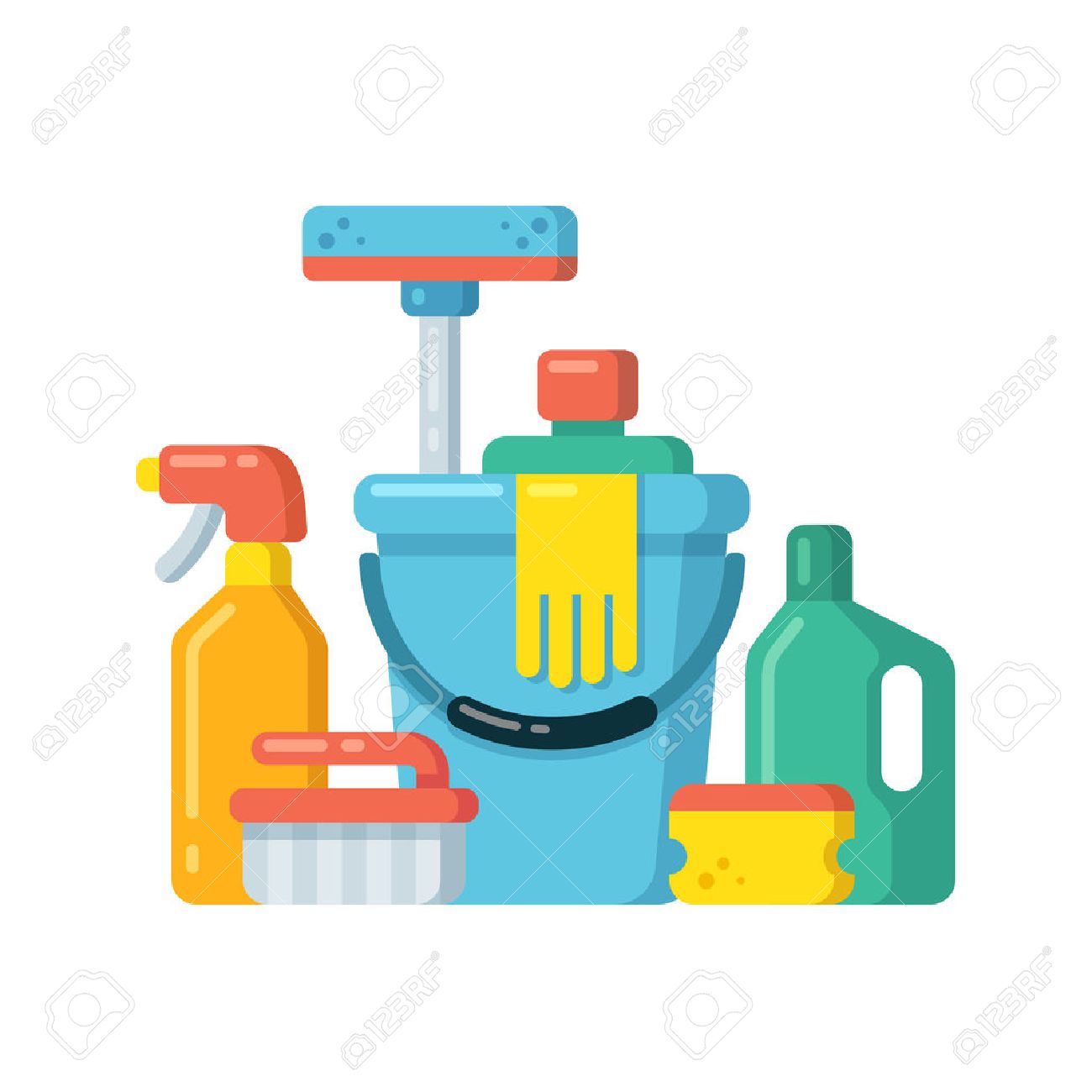 Cleaning supplies still life in flat cartoon style. Vector illustration..