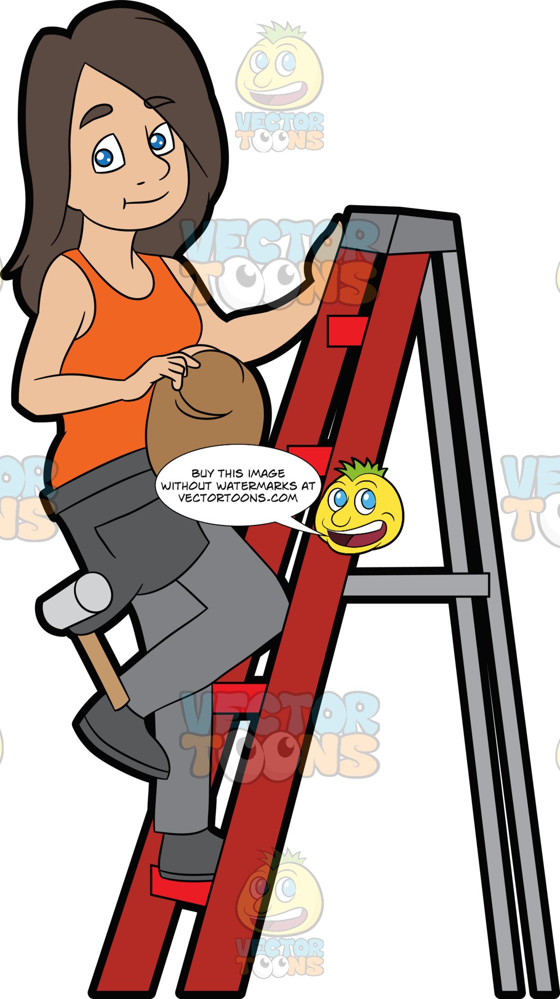 A Female Construction Worker Climbing A Ladder.