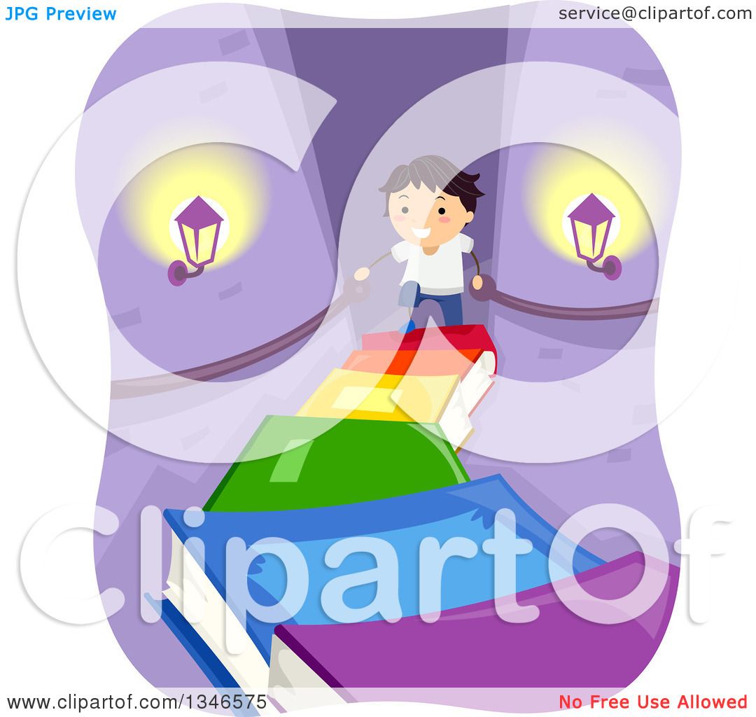 Clipart of a Happy Boy Climbing a Staircase of Books in a Castle.