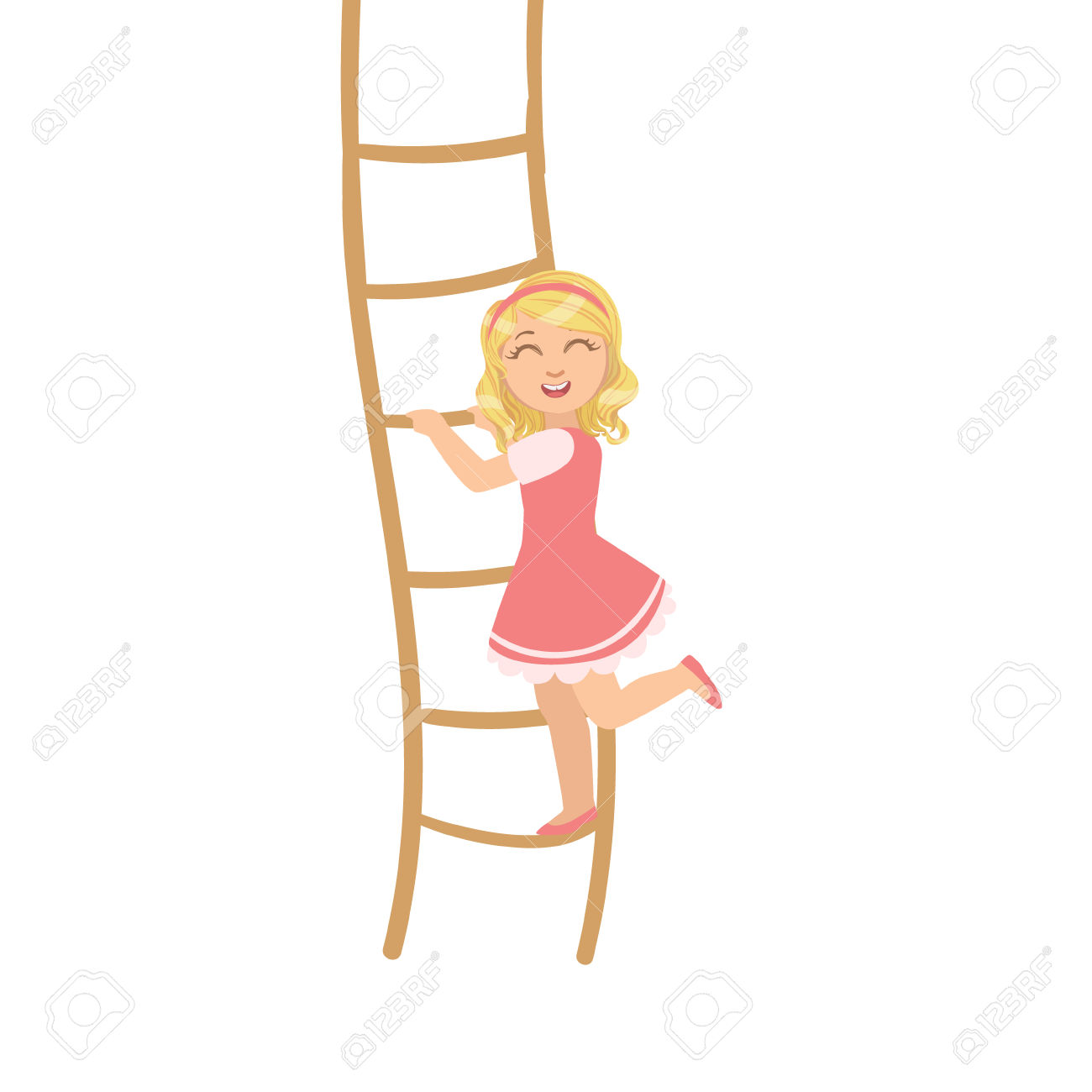 Girl In Pink Dress Climbing Rope Ladder Simple Design Illustration.