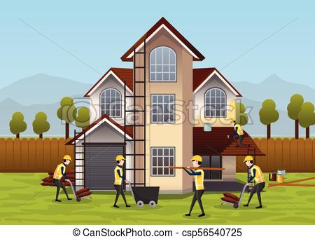 Building, house construction design & concept. People working on house  development.