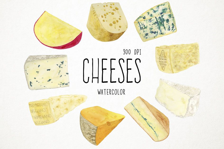 Watercolor Cheeses Clipart, Cheeses Clip Art, Cheese Clipart.