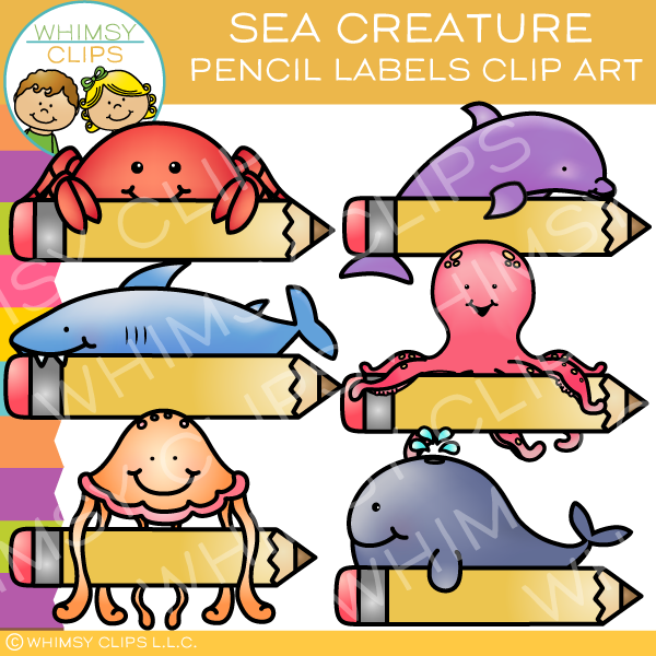 Sea Creatures Pencil Labels Clip Art.