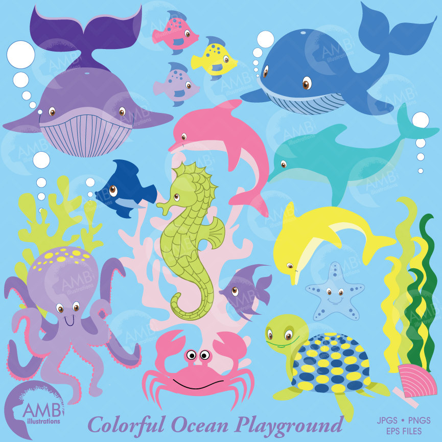 Sea creatures clipart, sea creatures clip art, whale clipart, vector  graphics, digital clip art, AMB.