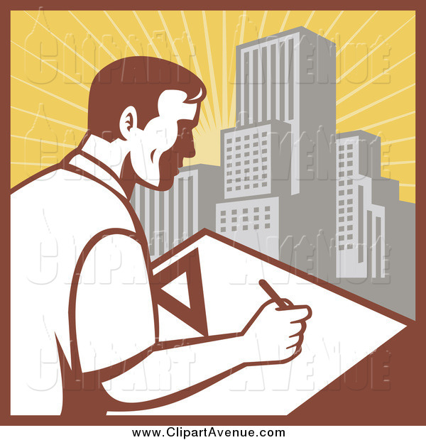 Avenue Clipart of a Male Architect Drafting Against a City by.