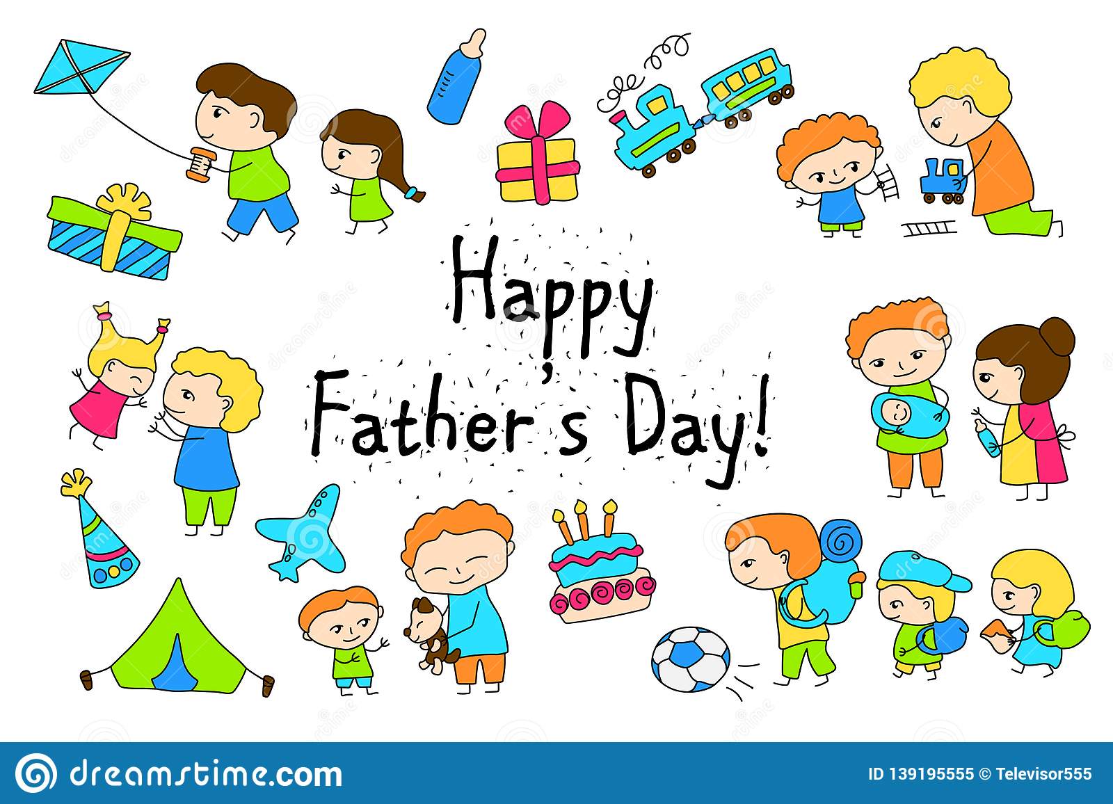Happy Father`s Day Vector Clipart With Child Drawing Of Family.