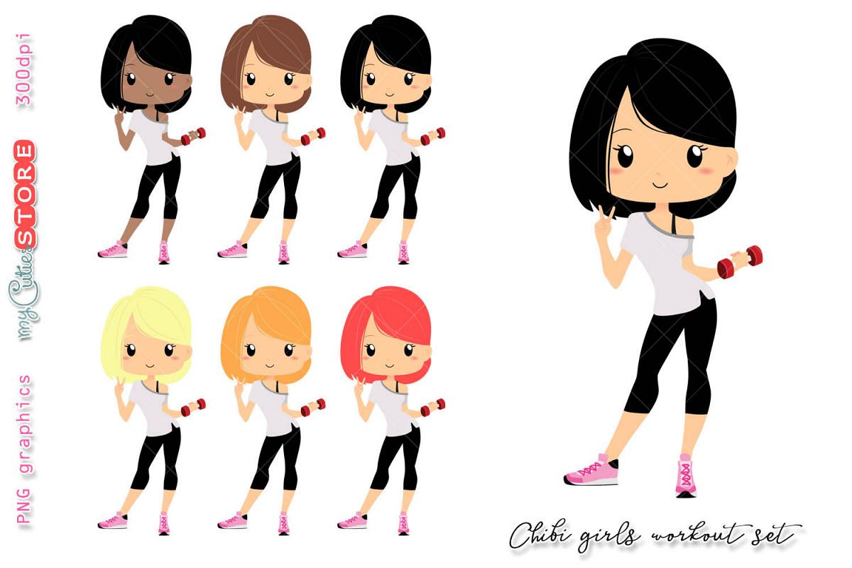 Workout chibi girl clipart, gym cute girls clip art set for planner  stickers, cards, tshirts, mugs or digital planning..