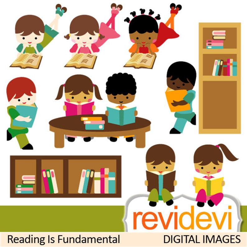 Reading clipart sale. Kids sit, stand read a book clip art. Book club,  students, back to school, library book shelf.