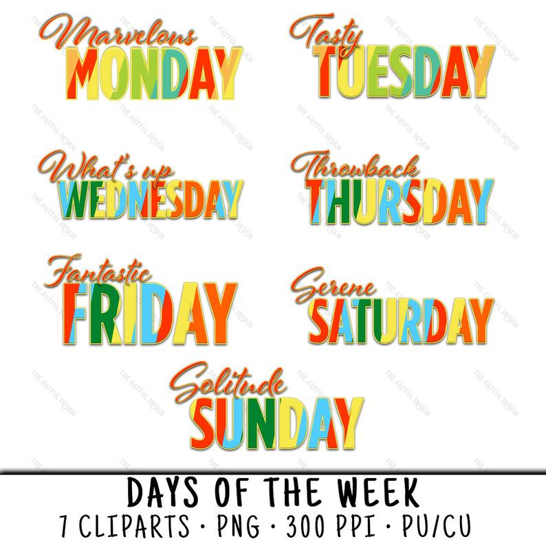Monday Clipart, Monday Clip Art, Monday PNG, Weekday Clipart, Thursday  Clipart, Friday Clipart, Friday PNG, 7 Day Clipart, Day Of The Week.