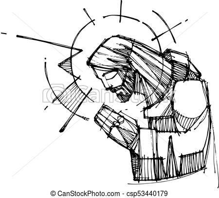 Jesus Christ praying ink illustration.