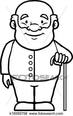 Black and white old man holding a cane Clip Art.