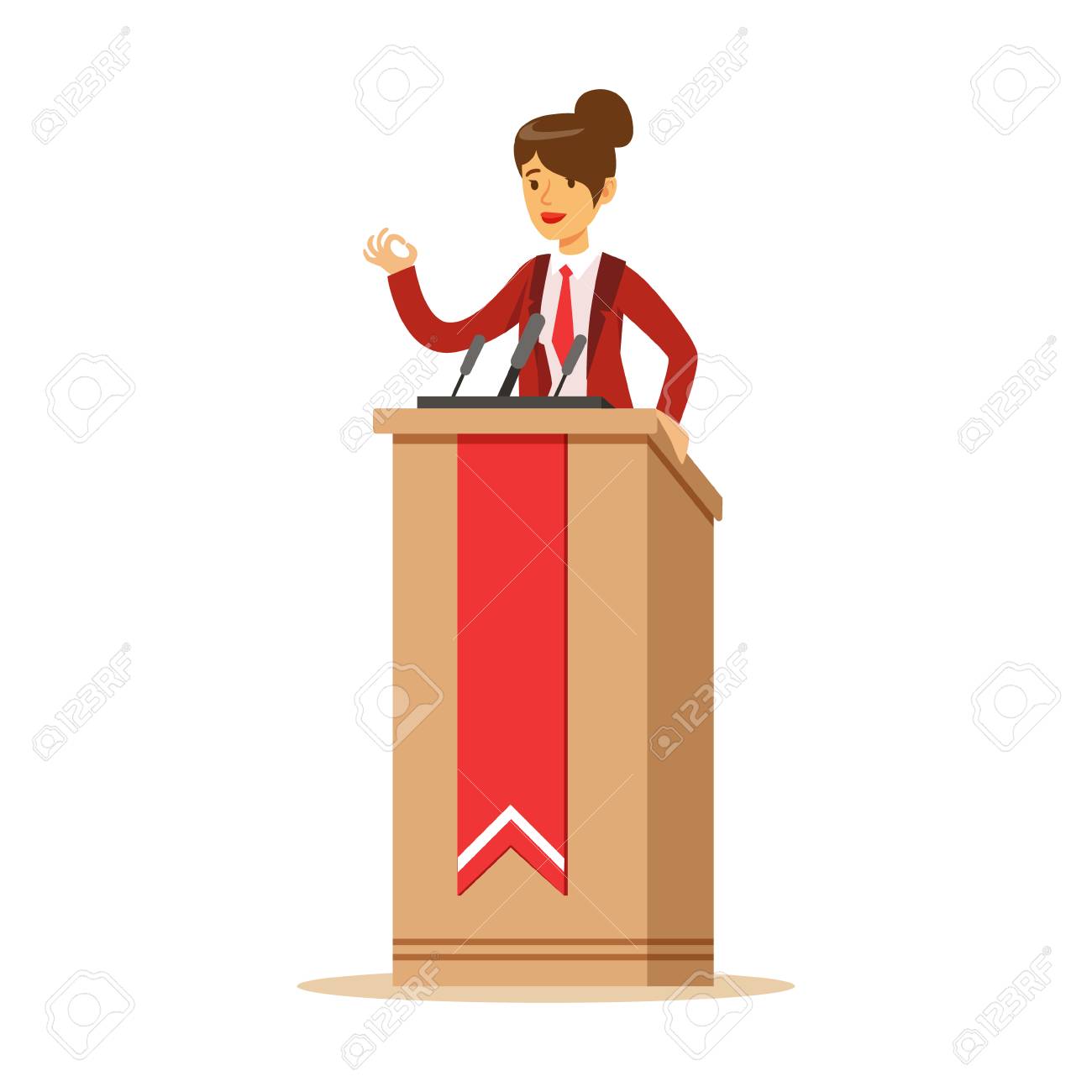 Young politician woman speaking behind the podium, public speaker...