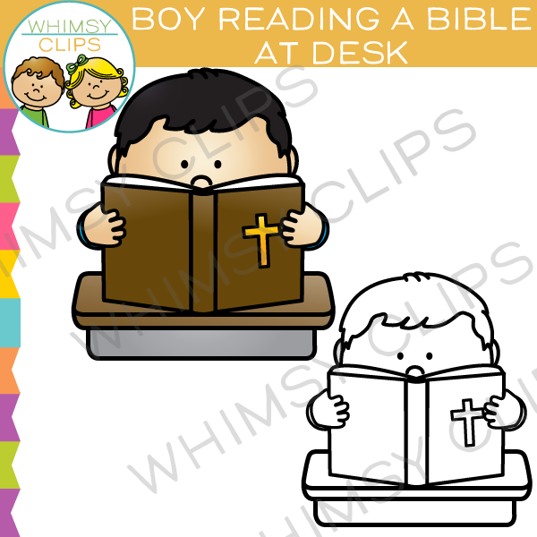 Boy Reading a Bible at a Desk Clip Art.
