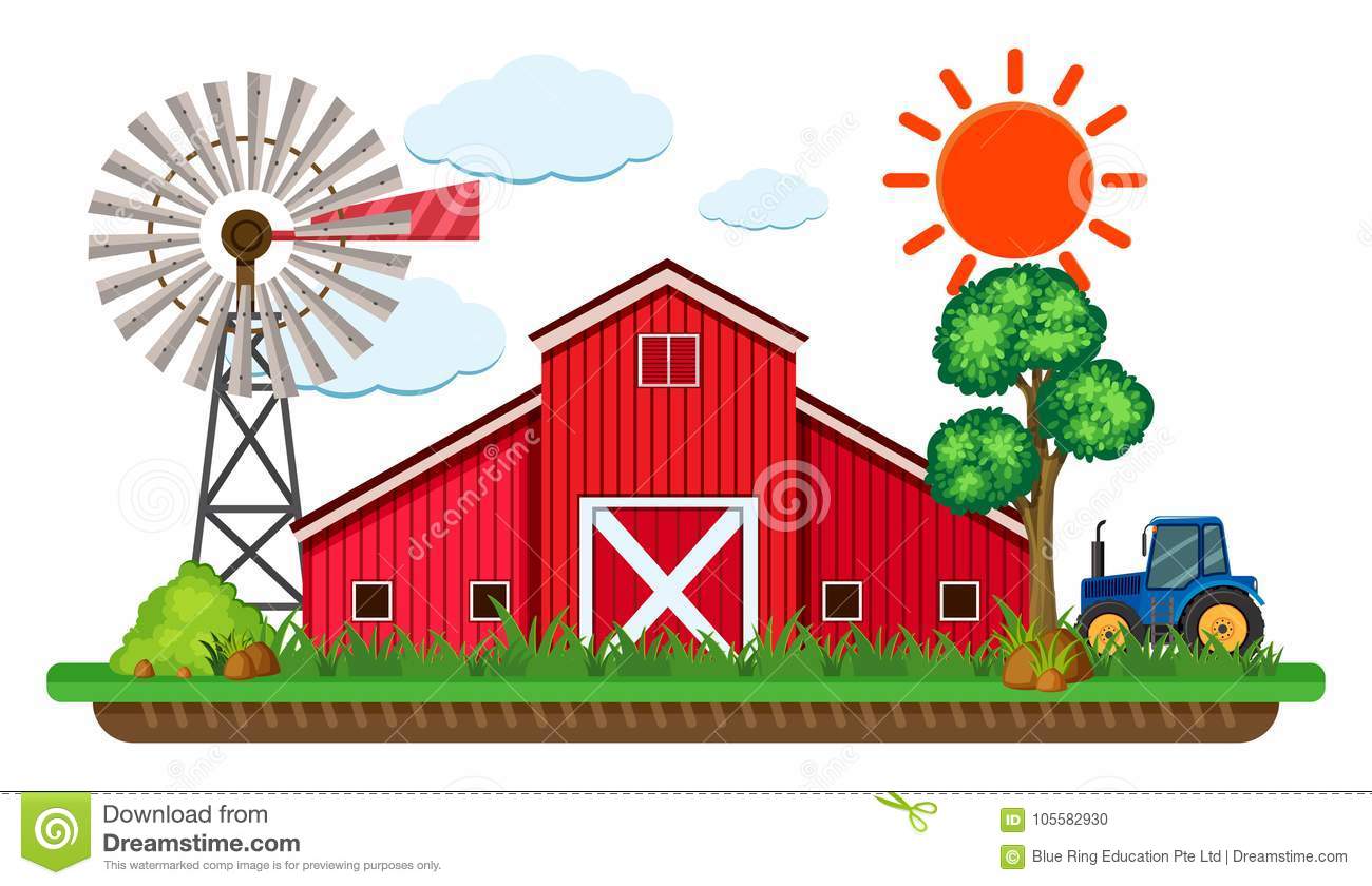 Scene With Red Barn And Blue Tractor Stock Vector.