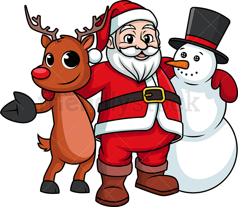 Santa Claus Hugging Snowman And Reindeer.