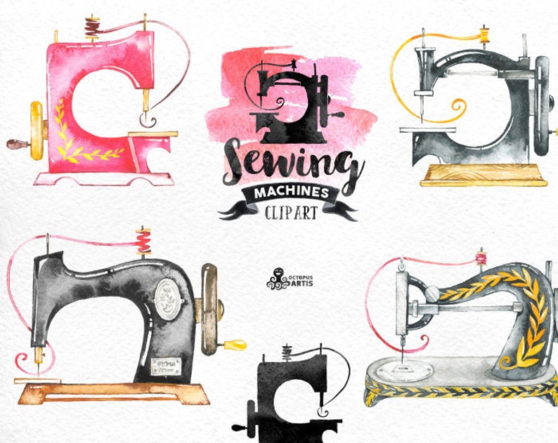 Sewing Machines Watercolor Clipart. 9 Hand painted images, black  silhouettes, diy logo, invite, boho, stitching, needlework.