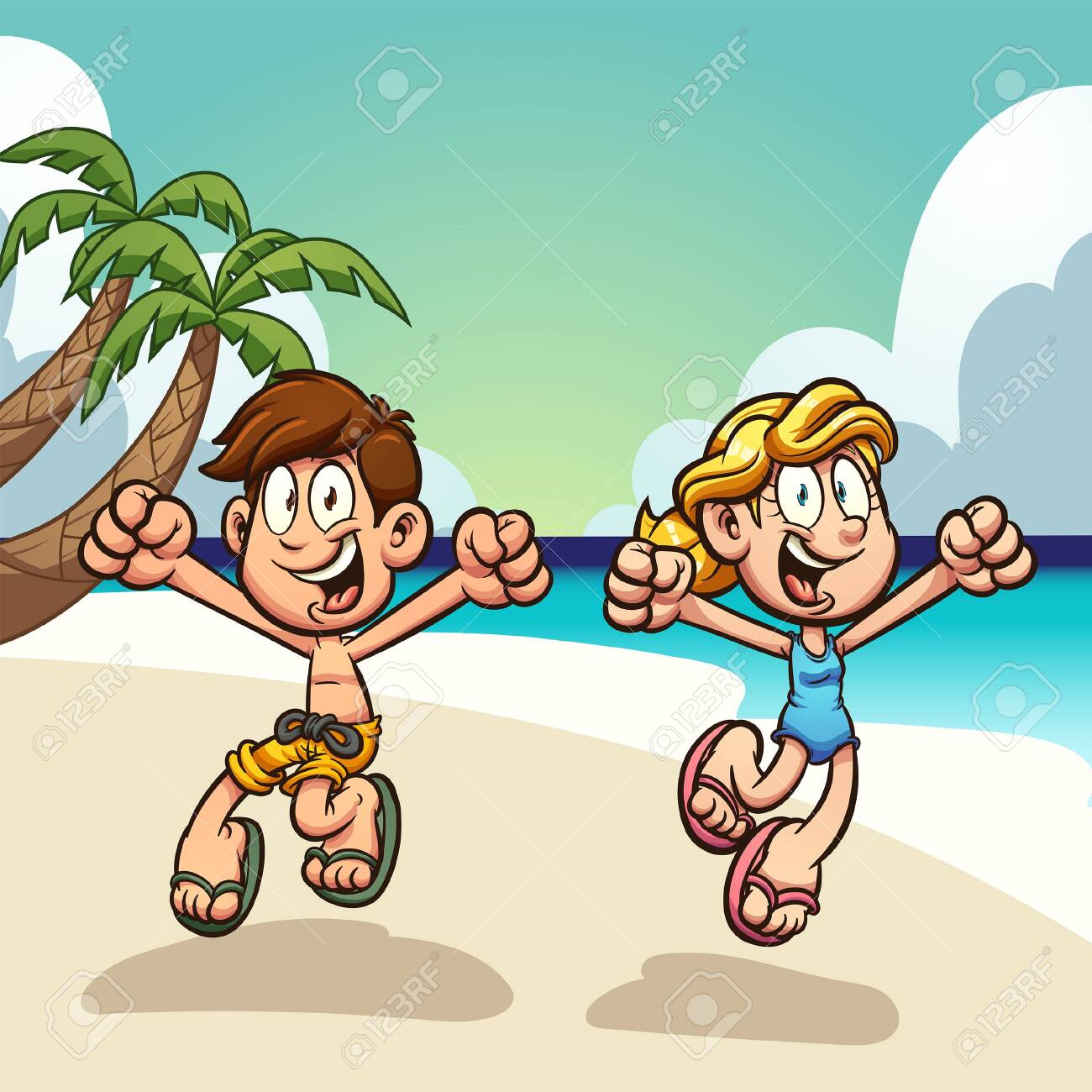 Cartoon kids enjoying summer vacations on the beach clip art.