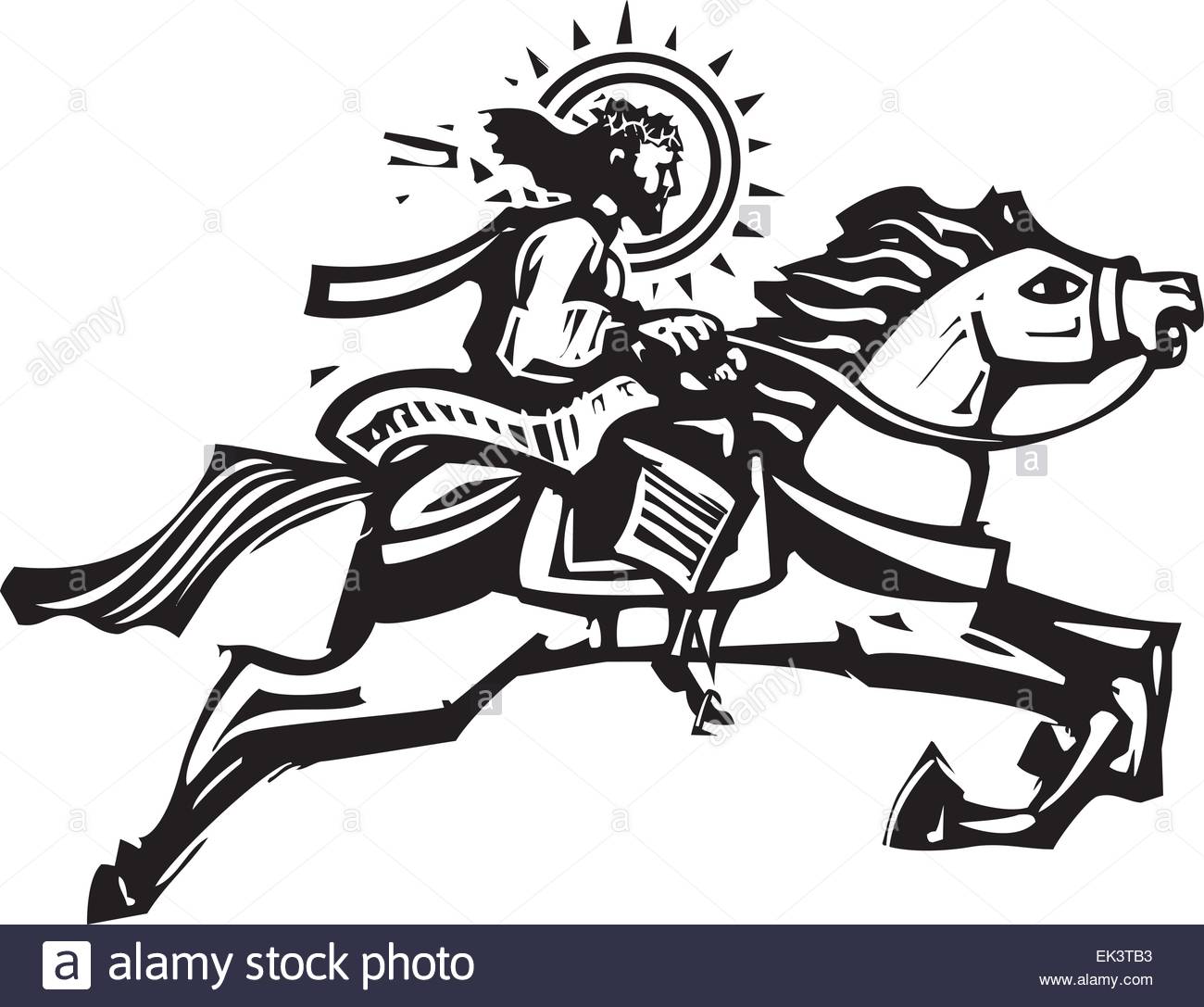 Woodcut Style image of Jesus Christ riding a leaping white horse.