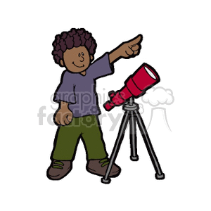 An african american boy with a telescope pointing at the sky clipart.  Royalty.