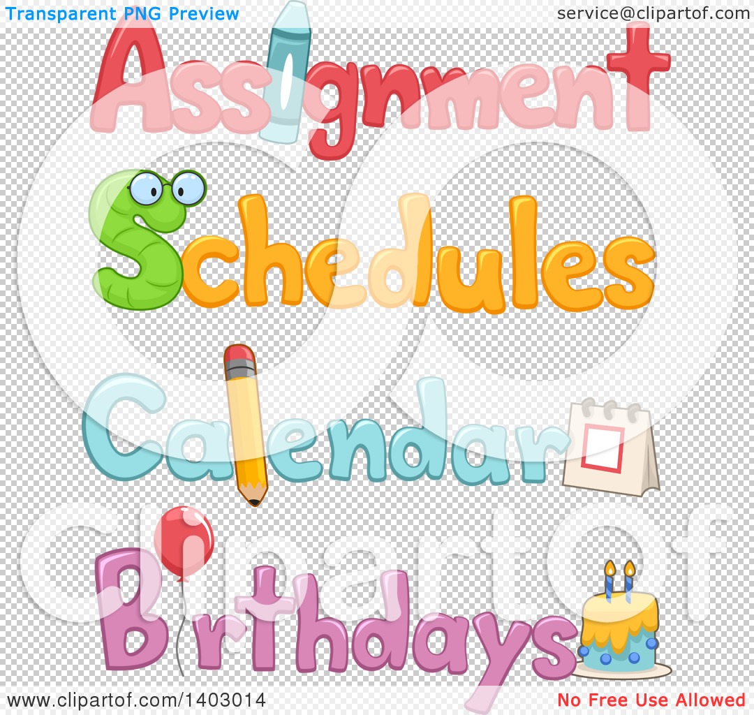 Clipart of Assignment, Schedule, Calendar and Birthdays Text.