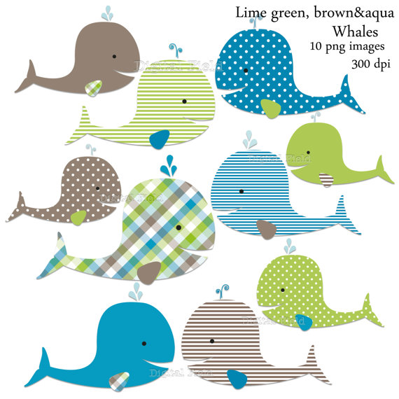 Whale Clip Art Set lime green brown and aqua baby boy.