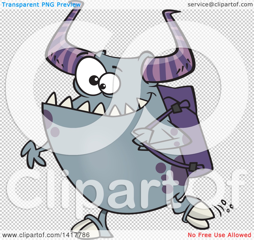 Clipart of a Cartoon Happy Monster Going Back to School.