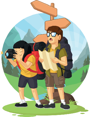 Cartoon Of Backpacker Boy & Girl Enjoying Vacation.