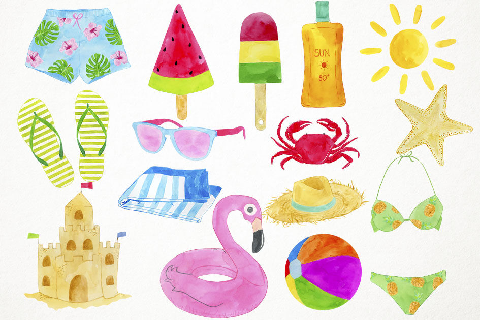 Watercolor Summer Clipart, Summer Clip Art, Beach Clipart.