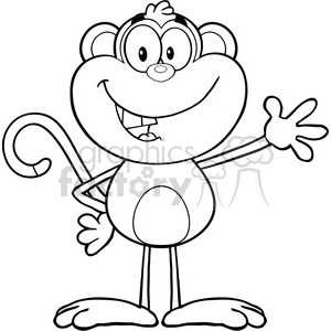 royalty free rf clipart illustration black and white monkey cartoon  character waving for greeting vector illustration isolated on white .  Royalty.